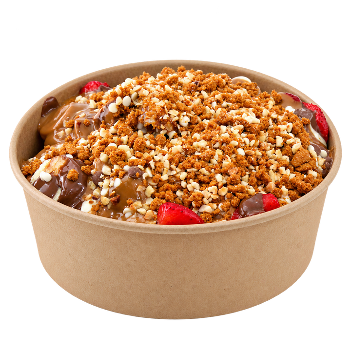Lotus pancake bowl; çikolata, meyve, fındık ve Lotus parçalarıyla