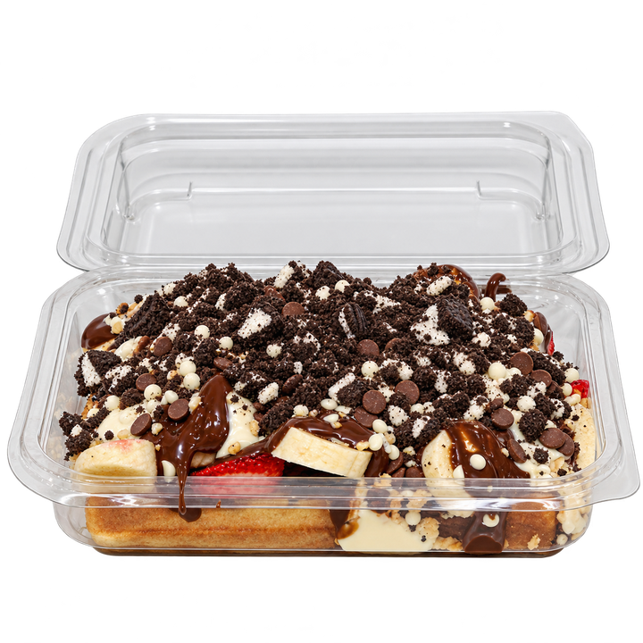 Oreo Brüksel waffle; koyu kakaolu bisküvi kırıntıları, çikolata ve meyvelerle
